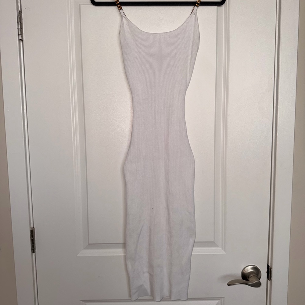 White Sleeveless Dress with Gold Strap hardware
